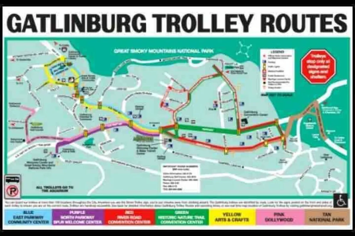 An informative view of Gatlinburg’s trolley routes, landmarks, and community centers, inviting guests to explore the area’s numerous attractions and navigate local hotspots.